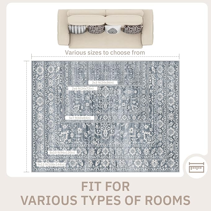 Soalmost 6x9 Area Rugs for Living Room, Washable Bedroom Soft Rug Blue | Vintage Floral Non-Slip Low Pile Stain Resistant Throw Large Neutral Carpet for Dining Room Kitchen Home Office Nursery 6'x9'