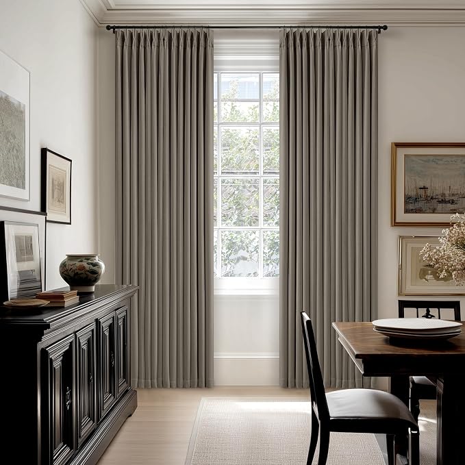 Desert Taupe Linen Blackout Pleated 86 Inch Curtains for Living Room Darkening Pinch Pleat 100% Black Out Drapes Thermal Insulated Soundproof Brownish Grey 86 Inch Curtain for Dining Bedroom