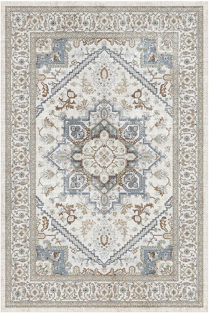 OPPODREAM Soft Area Rugs 4x6, Low-Pile Washable Rugs 4x6 with Non Slip Backing, Faux Cashmere 4 x 6 Throw Carpet, Greenish Grey