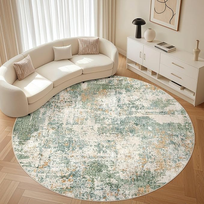 10ft Round Rug Living Room Rugs: 10x10 Washable Circle Large Abstract Modern Soft Stain Resistant Non-Slip Indoor Floor Carpet for Bedroom Nursery Office Dining Room Playroom Home House- Green