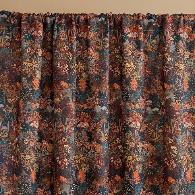 OYX Boho Floral Curtains 63 Inch, Linen Farmhouse Flower Drapes with Lace & Tassels, Light Filtering Semi Sheer Curtains for Living Room Bedroom, 2 Panels