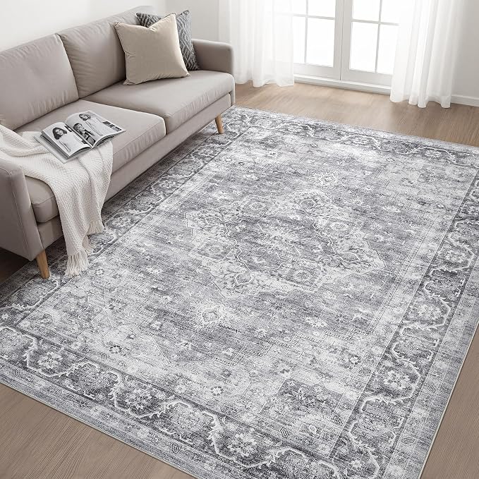 6x8 Area Rug Living Room: Washable Boho Large Neutral Vintage Soft Rug Stain Resistant Farmhouse Non-Slip Indoor Floor Carpet for Bedroom Nursery Kids Playroom Office Dining Room- Gray