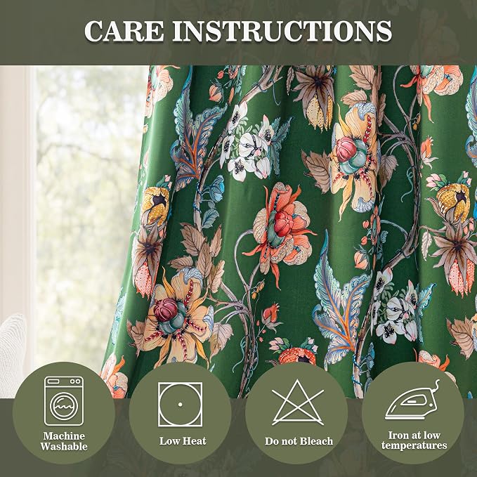 MYSKY HOME Green Floral Blackout Curtains 45 Inch Length 2 Panels Set Bedroom 95% Black Out Thermal Insulated Room Darkening Curtain Printed Flower Vintage Style Grommet Window Panels, Pack-2