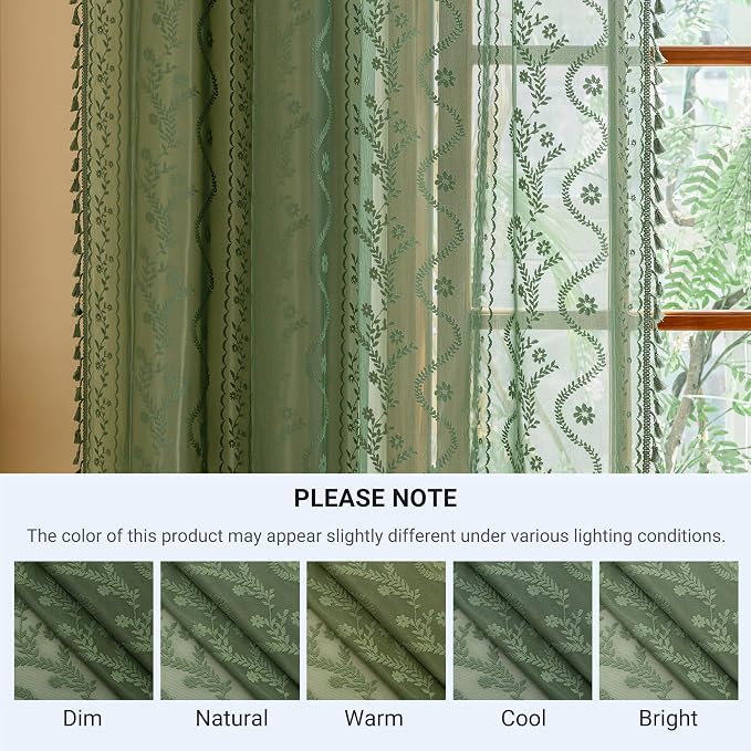 WAZZIO Boho Lace Curtains 2 Panels 63 Inches -Vintage Victorian Sheer Panel Drape French Country Floral Pattern & Tassel Light Filtering Privacy for Bedroom Dining Living Room,Dark Sage Green,W52x L63