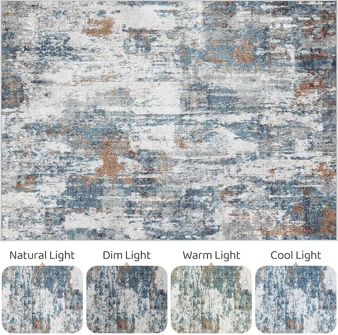 5x7 Area Rugs Living Room: Washable Large Abstract Neutral Modern Soft Rug Stain Resistant Indoor Floor Non-Slip Accent Carpet for Bedroom Nursery Playroom Dining Room Office Dorm Home- Rust Cyan