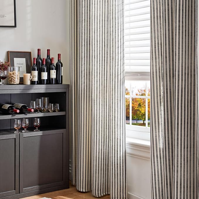 jinchan Linen Curtains 84 Inch Black Stripe on Beige Grommet 2 Panels | Curtains for Living Room Bedroom,Ticking Stripe Pattern,Farmhouse Cottage Core Rustic, Window Treatment,Light Filtering
