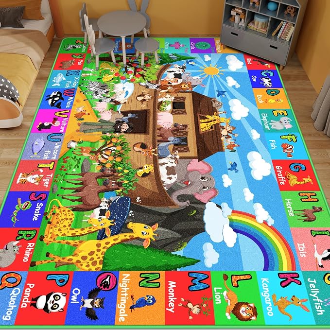 ABC Kids Rug for Playroom 59×39.4 in Noah's Ark Animals Rug Play Mat Alphabet Mat Shape Color Classroom Carpet Kids Playroom Early Learning Carpet for Preschool Tummy Time
