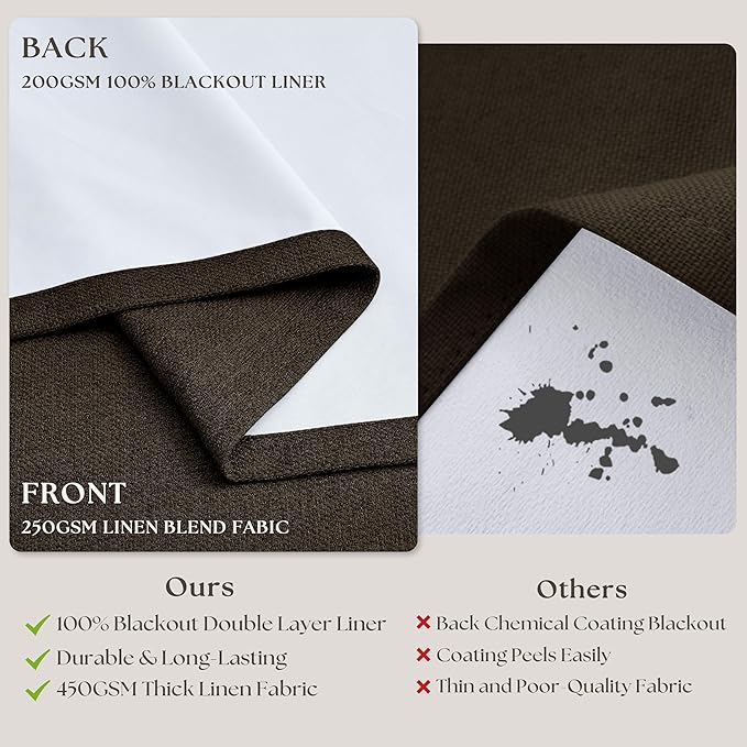 Dark Chocolate 100 Inch Linen Pleated Blackout Long Curtains for Living Room Memory Trained Dual Layer Heavy Burlap Curtain Sound Dampening Heat Blocking Floor to Ceiling Windows Drapes 2 Panels Set