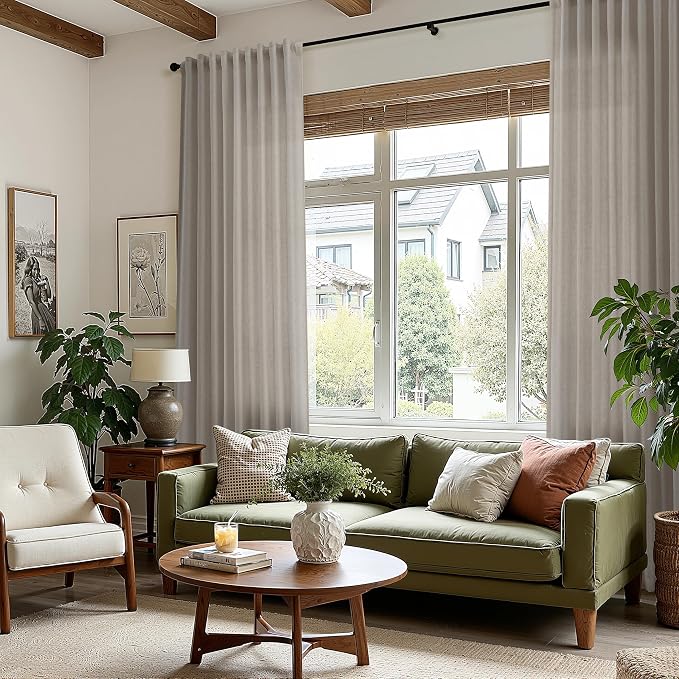 Nanspring Grey Beige Curtains 102 Inches Long for Living Room Linen Light Filtering Semi Sheer Curtain Back Tab Simple Modern Neutral Floor to Ceiling Boho Gray Drapes for Bedroom 52x102, 2 Panels
