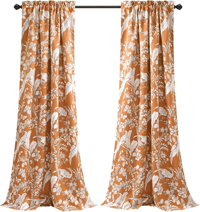Lush Decor Dolores Light Filtering Window Panels, Pair, 52" W x 84" L, Orange - Floral Curtains for Bedroom - Vintage Curtains - Coquette Room Decor