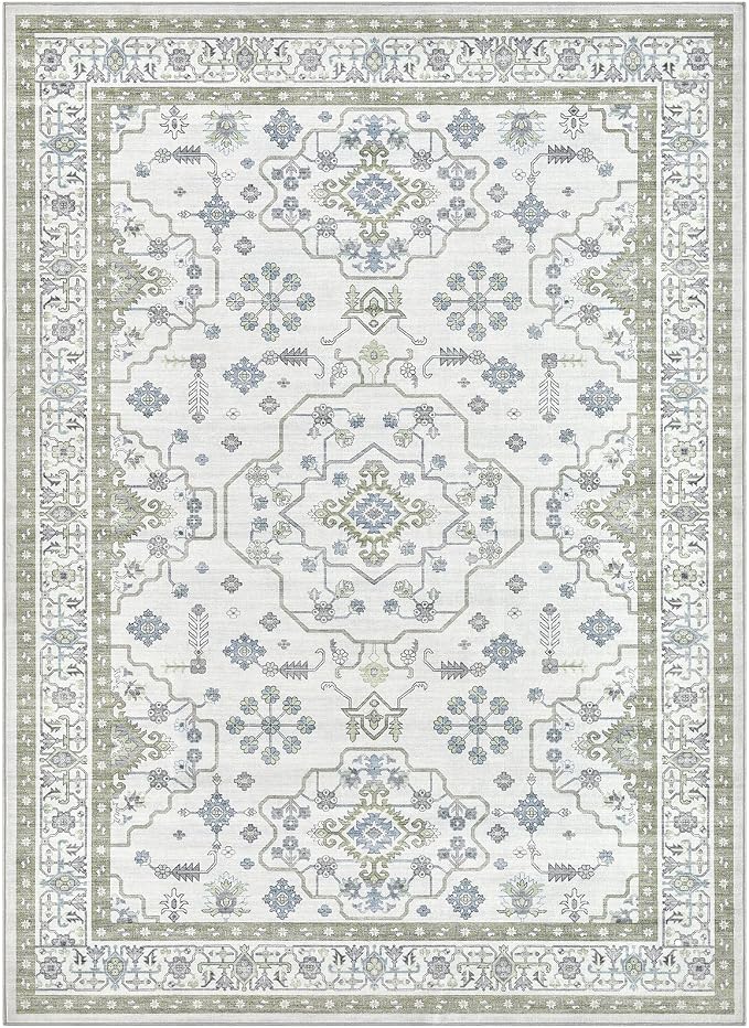 Area Rug 10x14 for Living Room - Washable Oriental Vintage Floral Distressed Large Indoor Carpets with Non Slip Back for Bedroom Dining Room Nursery Office Home Decor -Light Green