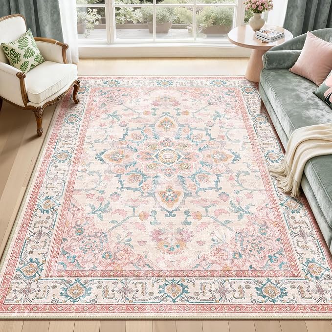 CAPALOCA Machine Washable Rugs Nursery Rug 5x7 Cute Girl Non Slip Low Pile Water Repellent Soft Print Pattern for Bedroom Indoor Decor Kids Playroom Pink Teal