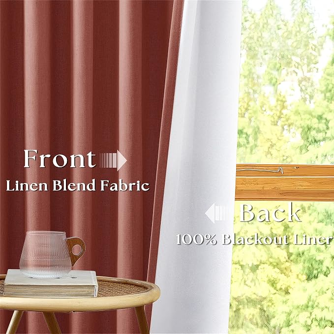 Terracotta Linen Blackout Curtains 45 Inch Length 2 Panels Pinch Pleated Back Tab Short Curtains for Kitchen with 100% Blackout Liner Rustic Farmhouse Drapes for Basement Thermal Insulated Drape