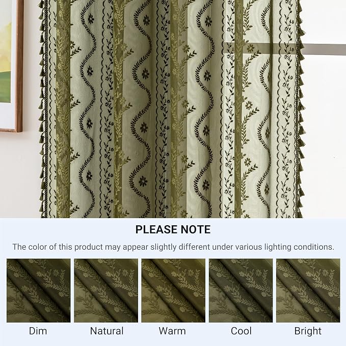 WAZZIO Boho Lace Curtains 2 Panels 63 Inch -Victorian Sheer Panel Drape French Country Floral Pattern & Tassel Light Filtering Privacy for Bedroom Dining Living Room,Coastal Decor,Olive Green,W52x L63