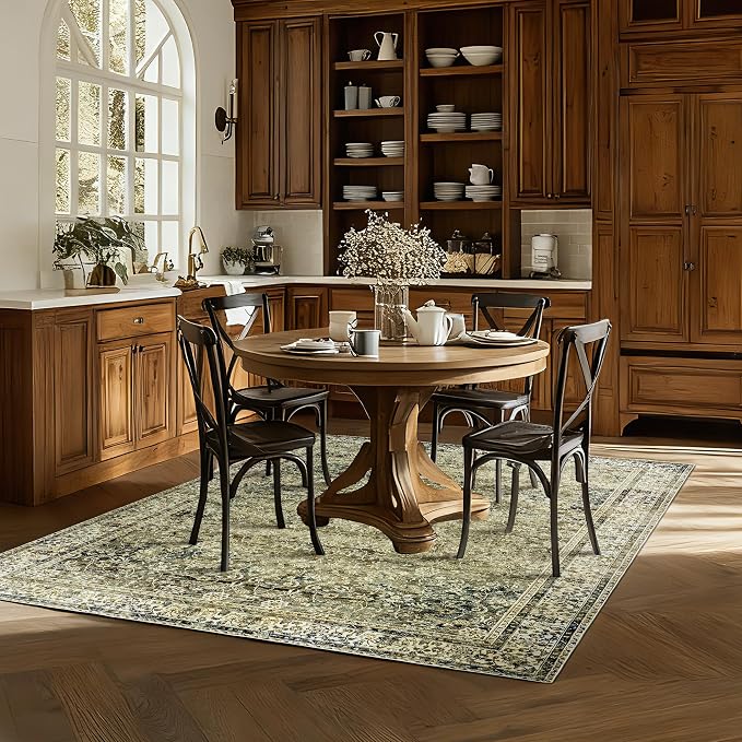 BILEEHOME Olive Green Boho Area Rug 5 x7 for Living Room Washable Non Slip Low Pile Stain Resistant Rubber Backed Cottagecore Neutral Bedroom Nursery Rugs 5x7