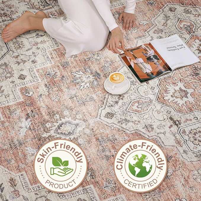 6x8 Area Rug Living Room: Washable Boho Large Neutral Vintage Soft Rug Stain Resistant Farmhouse Non-Slip Indoor Floor Retro Carpet for Bedroom Nursery Kids Office Dining Room- Pink Brown