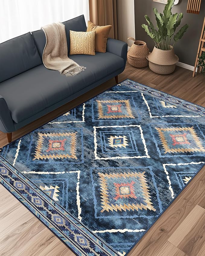 BESTSWEETIE Area Rug 4x6 Rug Machine Washable Non-Slip Low Pile Print Pattern Western Rug for Living Room Bedroom Entryway Tribal Series -Darkblue