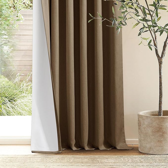 Dutch Cocoa Blackout Linen Curtains 108 Inches Long for Bedroom Pinch Pleated Black Out Curtains Lined 2 Layers Memory Shape Noise Reducing Rustic Farmhouse Living Room Darkening Window Drapes Brown