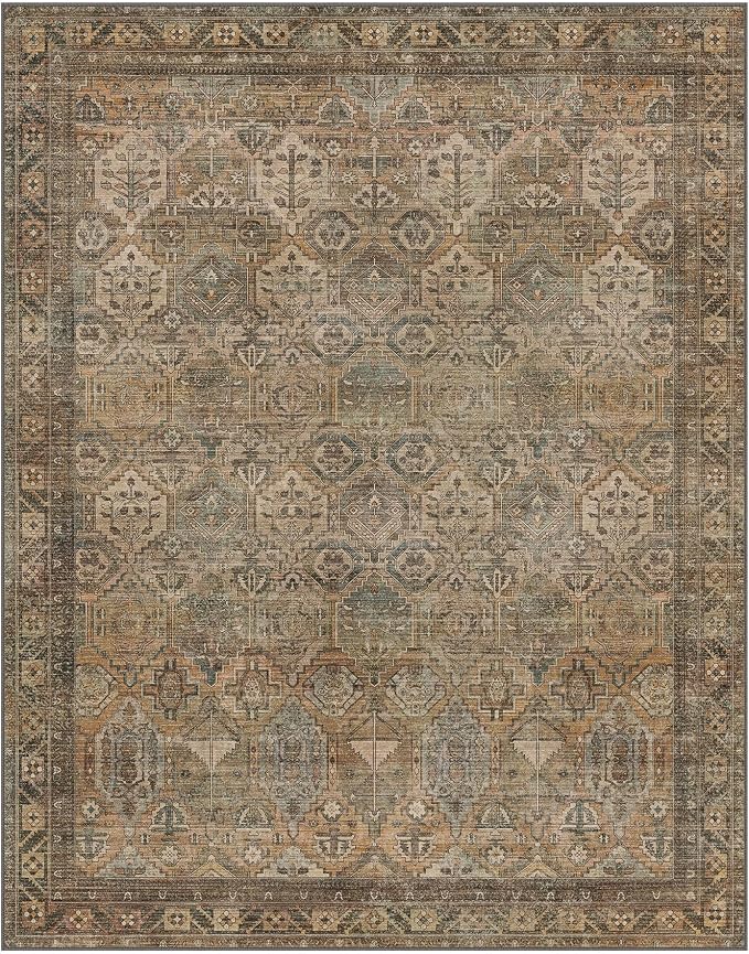 GENIMO 4x6 Area Rugs for Living Room, Machine Washable Non Slip Vintage Rugs, Low Pile Lightweight Chenille Print Rug for Bedroom, Dining Room, Home Office, Warm Taupe