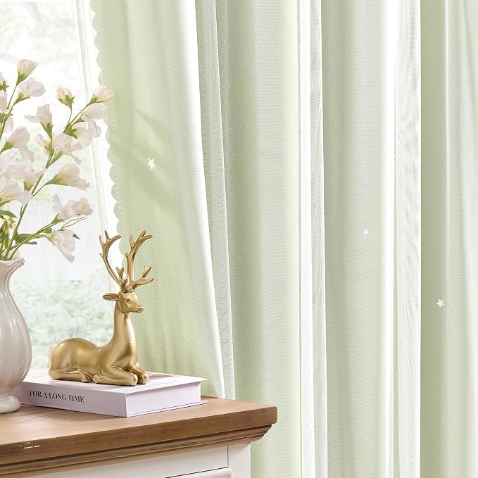XiDi Star Blackout Sage Green Curtains for Nursery Kid Girls Bedroom Living Room 2 Panels Double Layer Thermal Insulated Star Cut Out Wall Home Decor Grommet Short Window Curtains Kitchen 52x45
