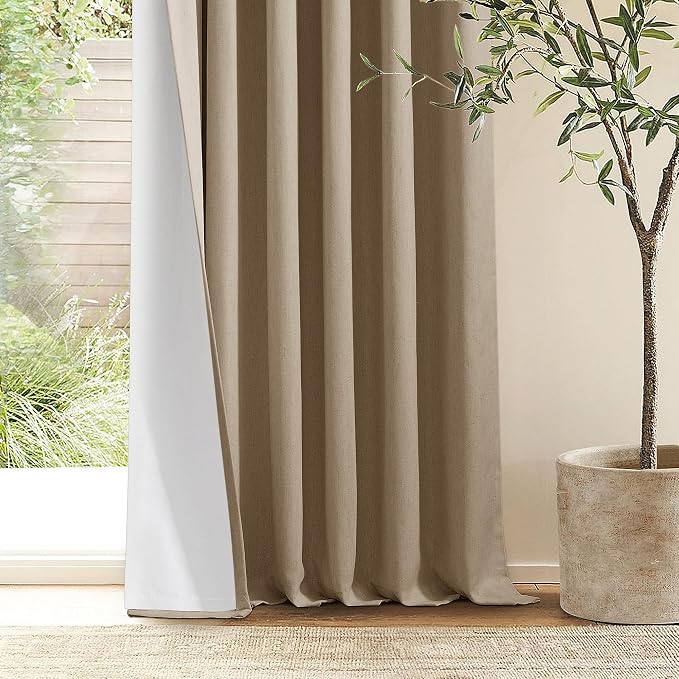 Light Brown Pinch Pleated 100% Blackout Linen Bedroom Curtains 96 Inch Length Double Layer Pleat Curtains Ring Hooks Back Tab Black Out Room Darkening Drapes 96 Inches Long Living Room Copper Coffee