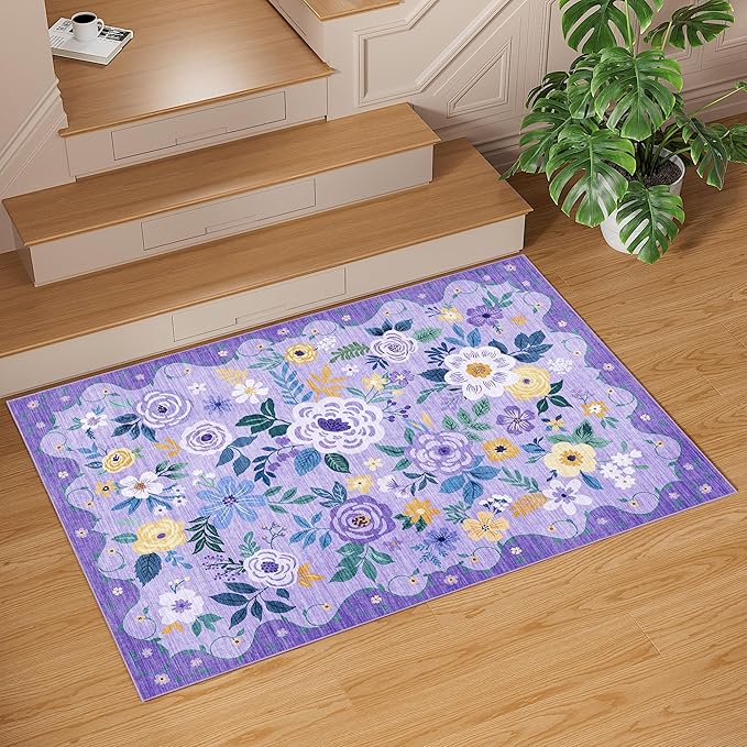 DUKINO 4x6 Area Rug, Lightweight Non Slip Washable Floral Rug, Indoor Low Pile & Non-Shedding Boho Design Rugs for Bedroom, Living Room, Dining Room, Purple