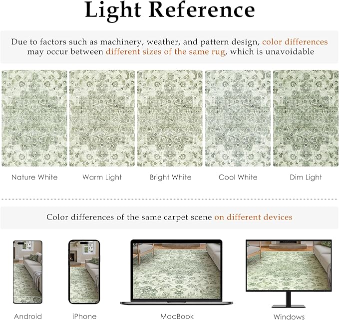 5x7 Washable Neutral Area Rug Green Vintage Living Room Bedroom Carpet Non-Slip Soft Low Pile Farmhouse Indoor Throw Rug for Dining Room Entryway Office