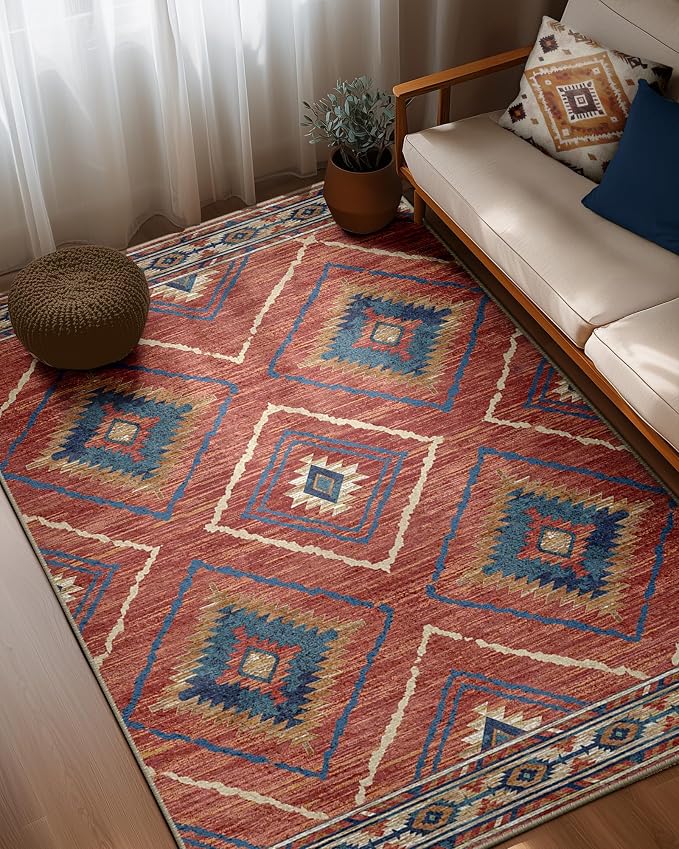 BESTSWEETIE Area Rug 10x14 Rug Machine Washable Non-Slip Low Pile Print Pattern Western Rug for Living Room Bedroom Entryway Tribal Series -Red/Orange