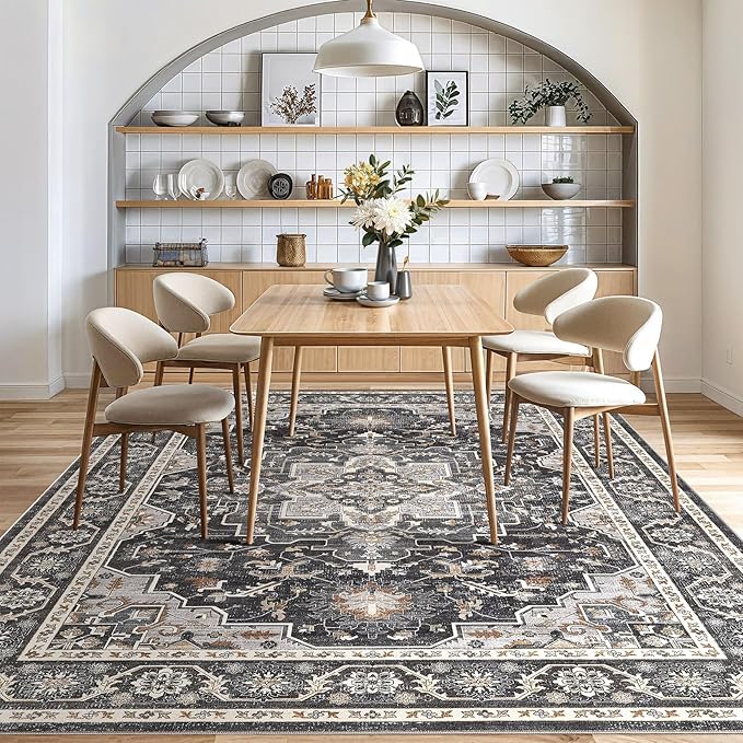 Vintage Living Room Area Rug 9x12 - Large Soft Washable Oriental Traditional Distressed Farmhouse Rugs for Bedroom - Indoor Floor Accent Carpet for Home Office House Decor - Black