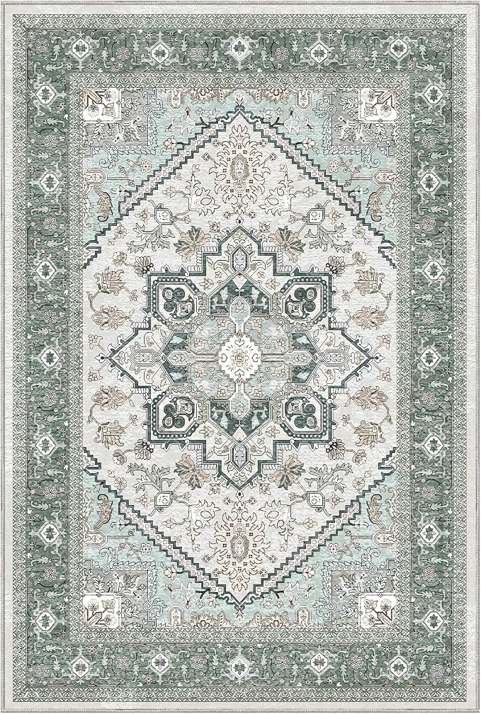 OPPODREAM Soft 6x9 Area Rugs, Washable Rug 6x9 with Non Slip Backing, Faux Cashmere Low-Pile 6 x 9 Carpet, Green