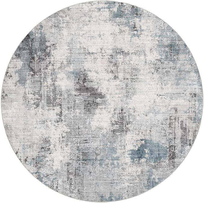 Abstract 12FT Round Rug: Machine Washable Non Slip Ultra Thin Low-Pile Carpet, Soft Stain Resistant for Living Dining Room Bedroom, Kid Pet Friendly, Robot Vacuum Compatible - Grey Blue