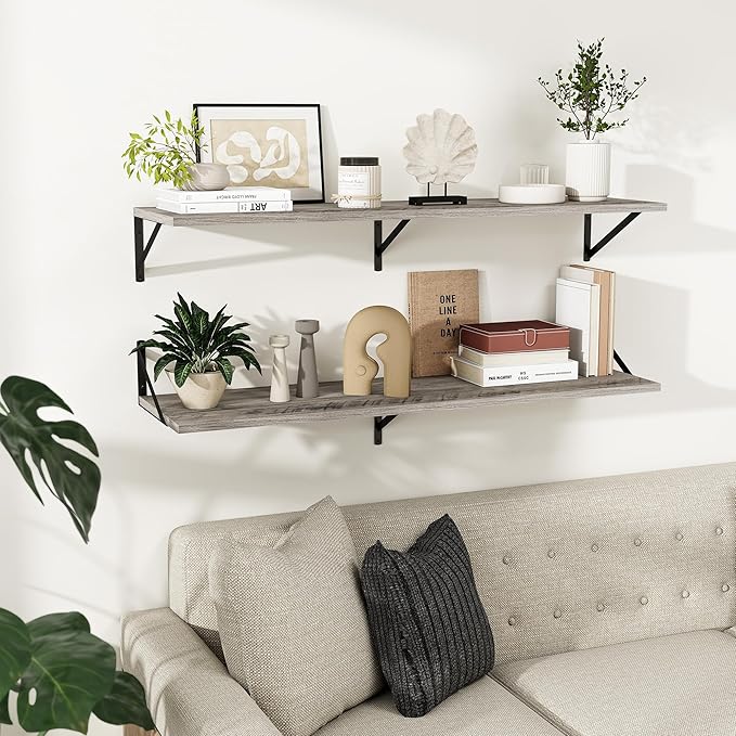 Dreamland Floating Shelves for Wall, 12 Inch Deep Floating Shelves Set of 2, 48W x 12D Large Wall Shelf with Sturdy Metal Brackets for Living Room, Bathroom, Bedroom and Kitchen, Grey
