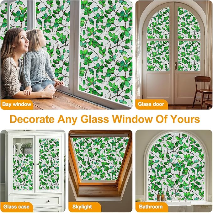 COUNTEWOL Window Privacy Film with Installation Tools Home Decorative Colored Glass Window Stickers Reusable electrostatic Rainbow Stickers (Frosted Greenery Leaf, 35.4 x 157.4 in)