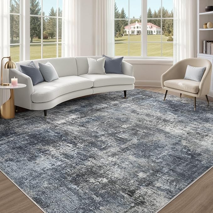 Abstract 7x9 Area Rug: Machine Washable Non Slip Ultra Thin Low-Pile Carpet, Soft Stain Resistant for Living Room Bedroom Nursery, Kid Pet Friendly, Robot Vacuum Compatible - Dark Grey/Blue