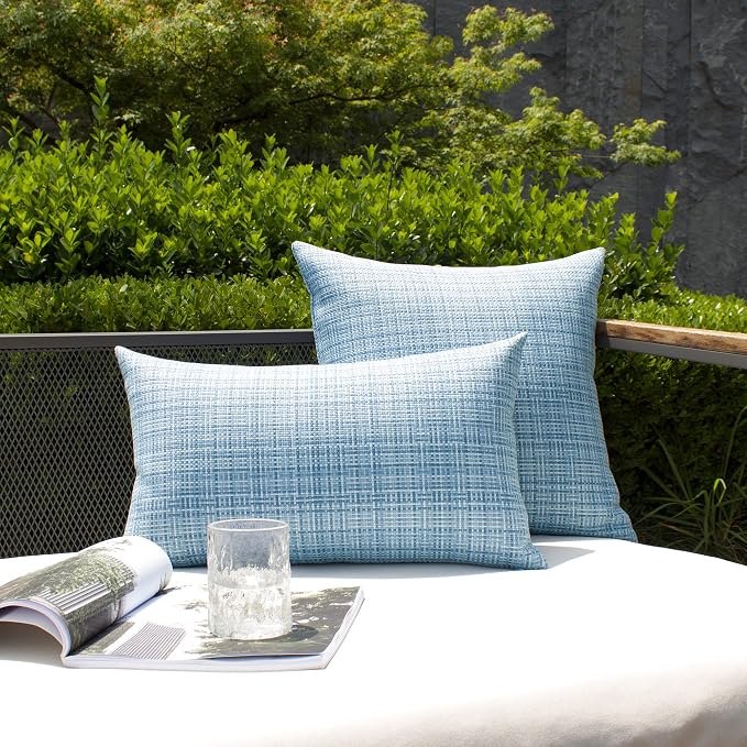 Kevin Textile Outdoor Waterproof Throw Pillow Covers 26x26 Inch Pack of 2 Woven Faux Linen Farmhouse Decorative Euro Shams Water Resistant Cushion Covers for Tent Patio Garden Couch Sofa Light Blue