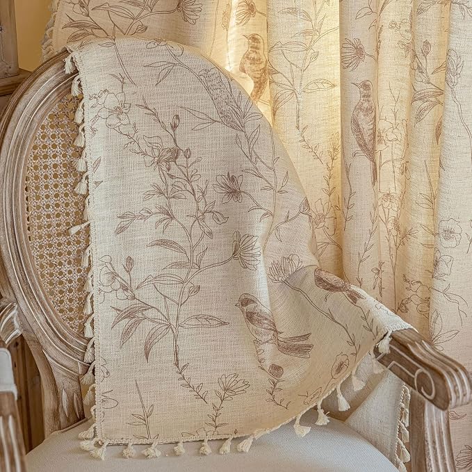 OYX Boho Curtains 63 Inches Long, Beige Semi Sheer Farmhouse Drapes with Floral & Garden Birds, Vintage Rod Pocket Window Curtain Set of 2 Panels for Kitchen Bedroom
