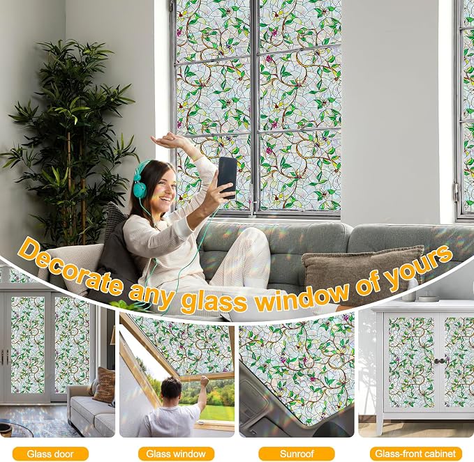 Window Privacy Film Stain Glass Window Film Rainbow Window Film Window clings Non-Adhesive Reusable Decorative for Room (Rainbow Vine, 17.5 X 78.7 in)