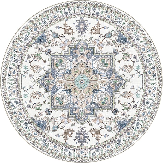 OPPODREAM Soft Round Rug 5ft, Washable Circle Rug 5ft with Non Slip Backing Play Room, Low-Pile Carpet 5 ft, Faux Cashmere Throw Carpet, Purple & Green & Cream