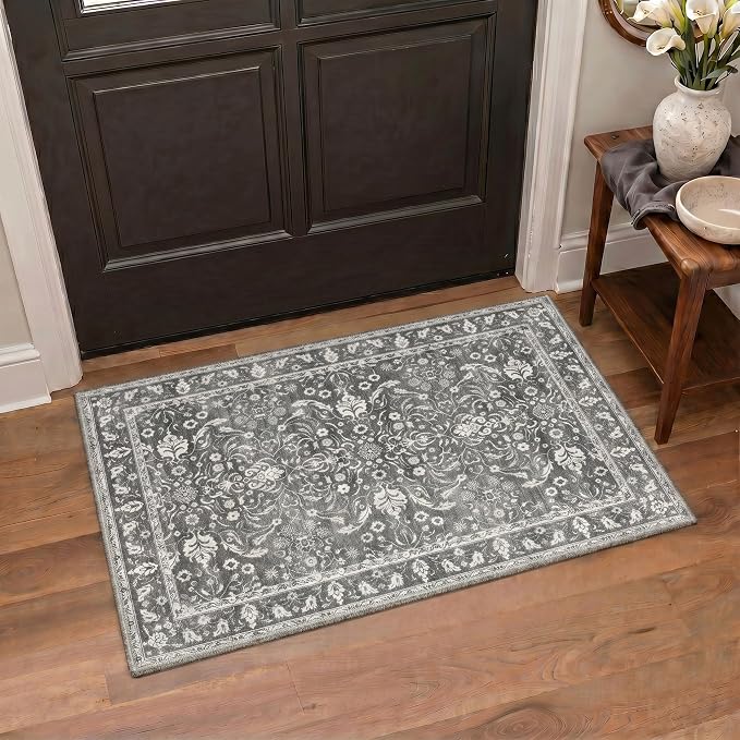 Bavni Washable Rugs 8x10, Machine Washable Rug Lightweight Low Pile, Floral Vintage Rug Non-Shedding Distressed Throw Carpet for Living Room Bedroom Office, Charcoal Gray