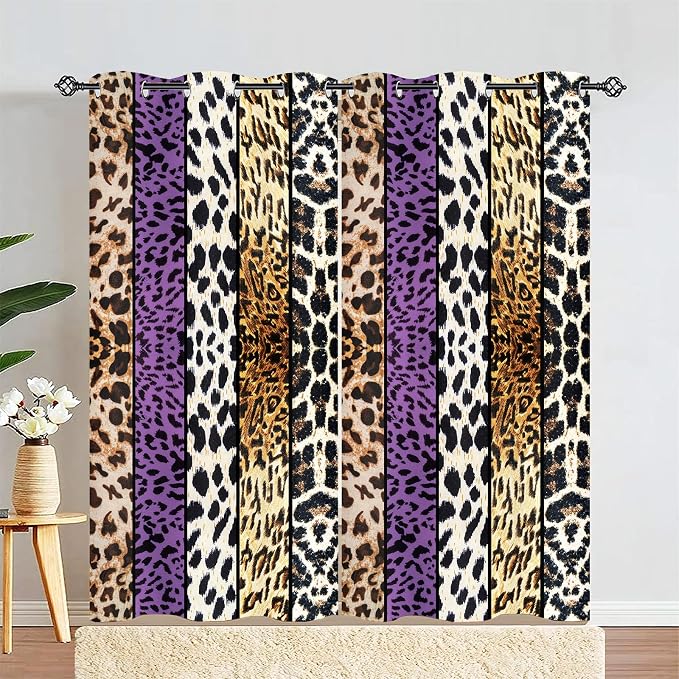 Wild Animal Print Curtain, Room Darkening Thermal Insulated Blackout Leopard Boa Window Drapes with Grommets for Living, Dining, Bedroom, Purple Leopard Print, 42"x 84", 2 Panels