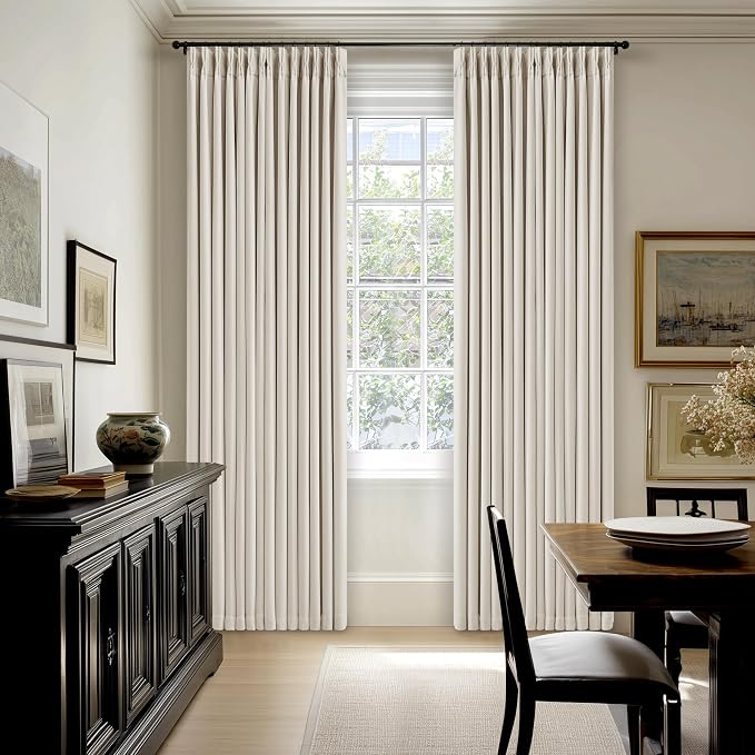 90 Inch Pinch Pleated Blackout Linen Curtains for Bedroom 2 Panels Memory Trained 100% Black Out Soundproof Room Darkening Natural Cream Ivory Birch Window Curtains Double Layer Pinch Pleat Drapes