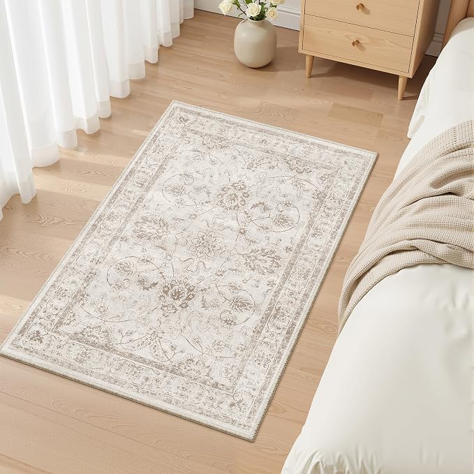 Madane 2x3 Washable Rugs for Entryway, Low Pile Non-Slip Small Area Rug Kitchen Door Mat, Vintage Soft Throw Neutral Rug Floor Mat for Indoor Front Entrance Bathroom Hallway (2 x 3, Brown/Ivory)