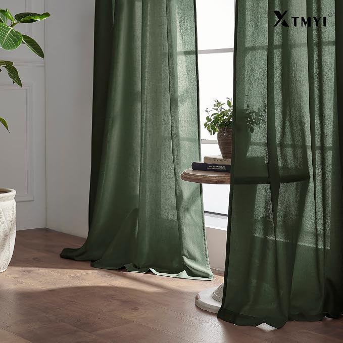 XTMYI Olive Green Linen Curtains, Light Filtering Sheer Window Treatments, Boho Floor to Ceiling Curtains for Bedroom Aesthetic Living Room, 84 Inches Long, 2 Panels Set