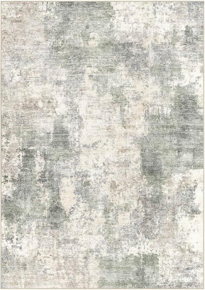 Tortania Washable 12x18 Area Rug for Living Room: Modern Abstract Neutral Large Soft Thin Rugs - Non Slip Indoor Carpet for Bedroom Dining Room Office Nursery Home Floor Decoration - Gray Green