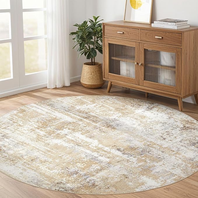 LOONGRUG Round Rug Living Room Rugs: 8Ft Washable Circle Large Abstract Modern Soft Stain Resistant Non Slip Indoor Floor Carpet for Bedroom Nursery Office Dining Room Dorm Home House Decor- Gray Gold