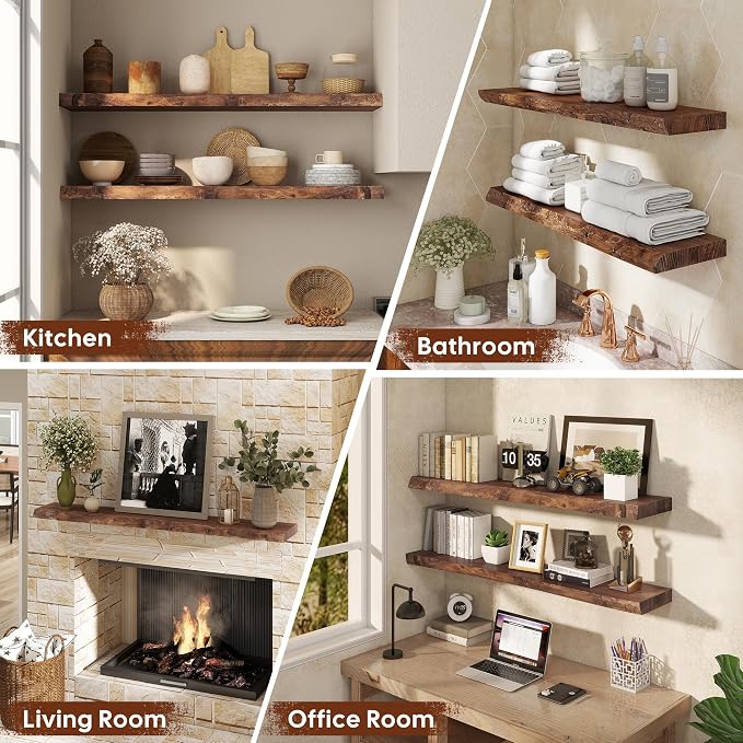 Live Edge Floating Shelves Set of 2, 24 Inch Solid Elm Wood Wall Shelves - Invisible Bracket Mount for Living Room, Bedroom, Kitchen, Bathroom | Vintage Rustic Decor