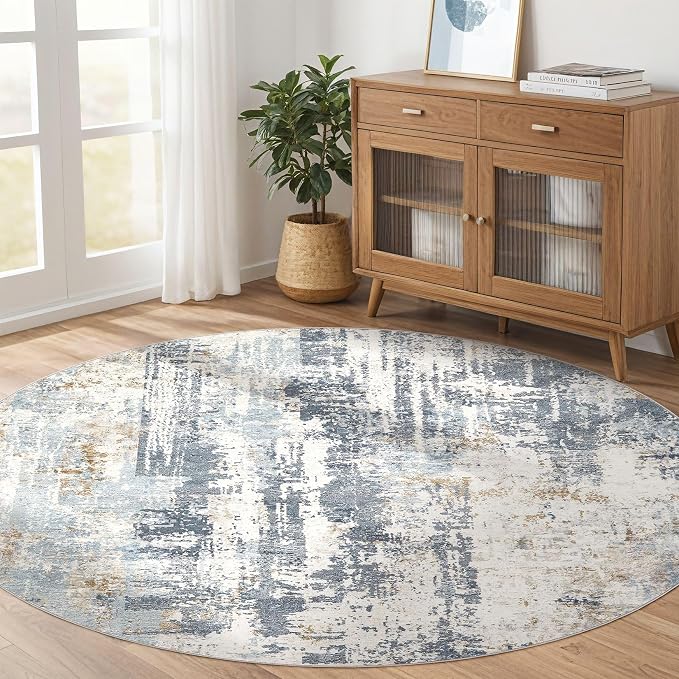 7ft Round Rug Living Room Rugs: 7x7 Washable Circle Large Abstract Modern Soft Stain Resistant Non Slip Indoor Floor Carpet for Bedroom Nursery Office Dining Room Dorm Home House- Light Blue