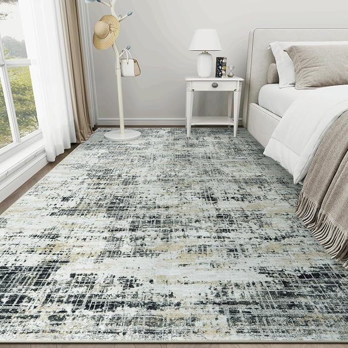 9x12 Area Rugs for Living Room Washable Rug: Anti-Skid Abstract Modern Living Room Rug Soft Thin Carpets Indoor Floor Non-Shedding Carpet for Bedroom Dining Farmhouse Nursery Black Gray Gold