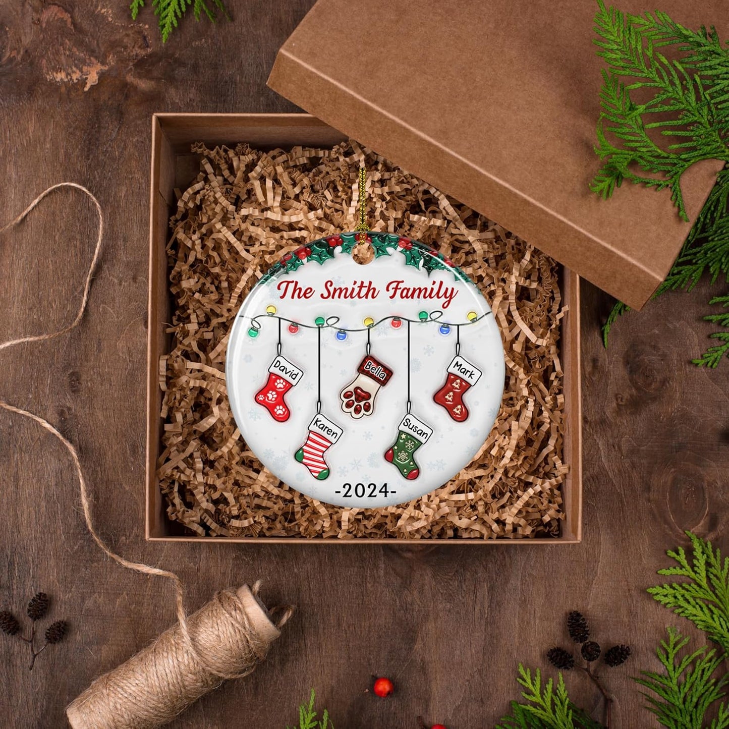 Stocking Personalized Family Christmas Ceramic Ornament 2025-3D Inflated Effect Custom Name Hanging Stock up to 10 Members, First Xmas as A Family Ornament Gifts (A04, 9 Names)