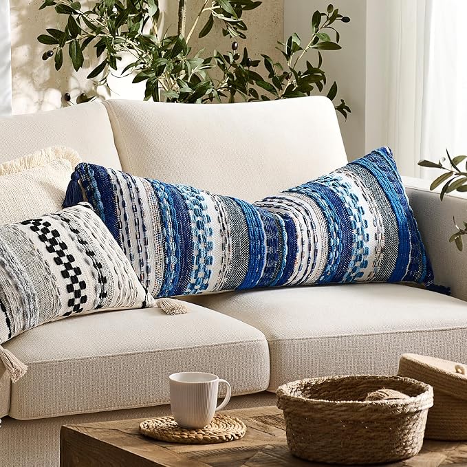 Kevin Textile 14x20 Inch Lumbar Throw Pillow Cover 1 Pack Boho Decorative Soft Chenille Thread Woven Tufted Textured Rectangle Cushion Case Farmhouse Accent for Living Room Couch Sofa Bed, Blue